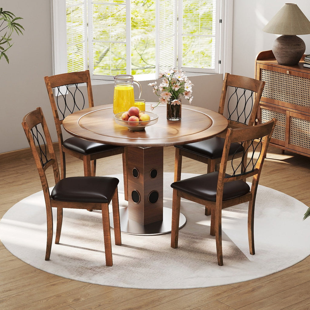 Set of 2 Dining Chairs with Wave Cut Out Back, Walnut Rubber Wood and Dark Brown Faux Leather Seat