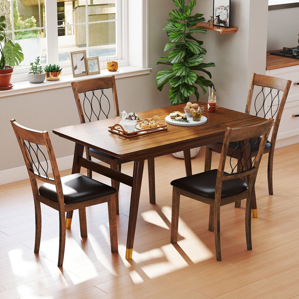 Set of 2 Dining Chairs with Wave Cut Out Back, Walnut Rubber Wood and Dark Brown Faux Leather Seat