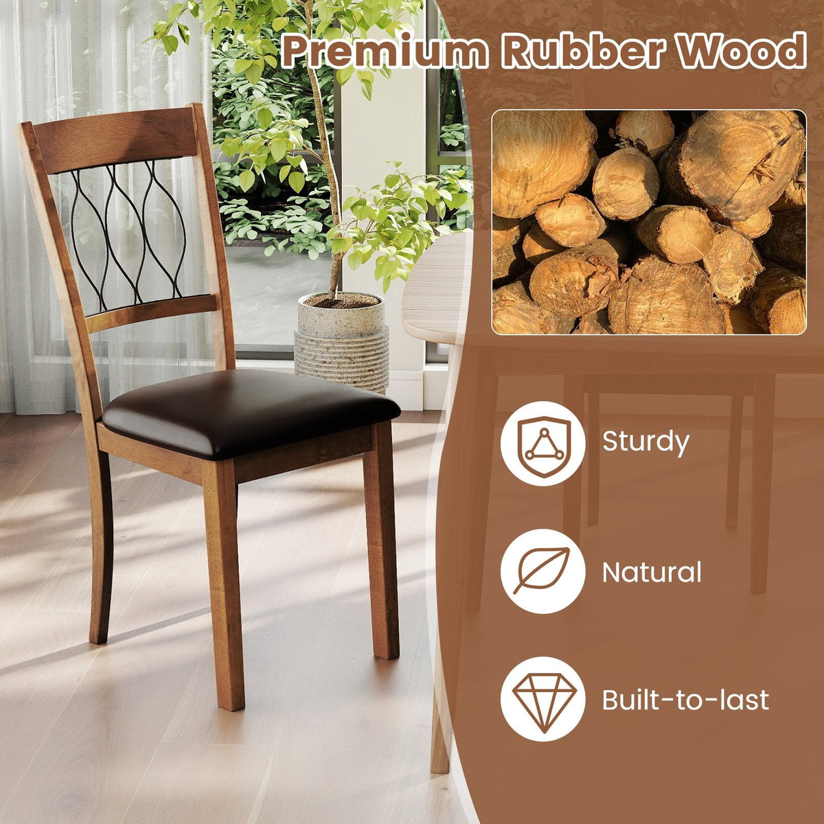 Set of 2 Dining Chairs with Wave Cut Out Back, Walnut Rubber Wood and Dark Brown Faux Leather Seat