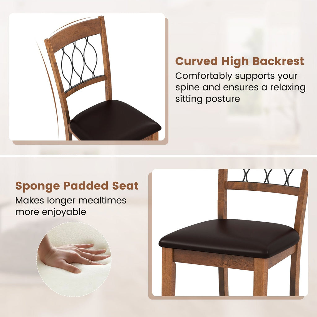 Set of 2 Dining Chairs with Wave Cut Out Back, Walnut Rubber Wood and Dark Brown Faux Leather Seat