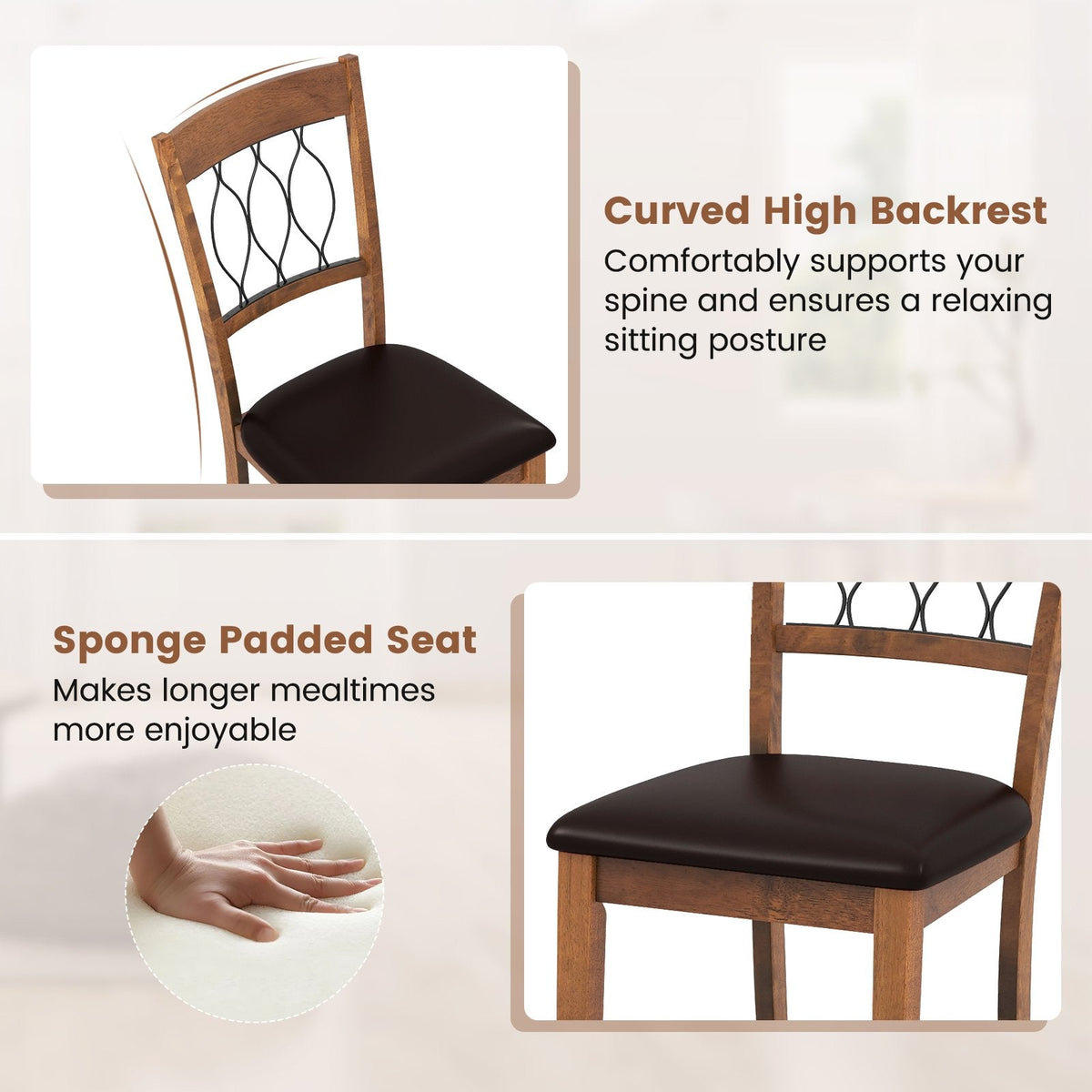 Set of 2 Dining Chairs with Wave Cut Out Back, Walnut Rubber Wood and Dark Brown Faux Leather Seat