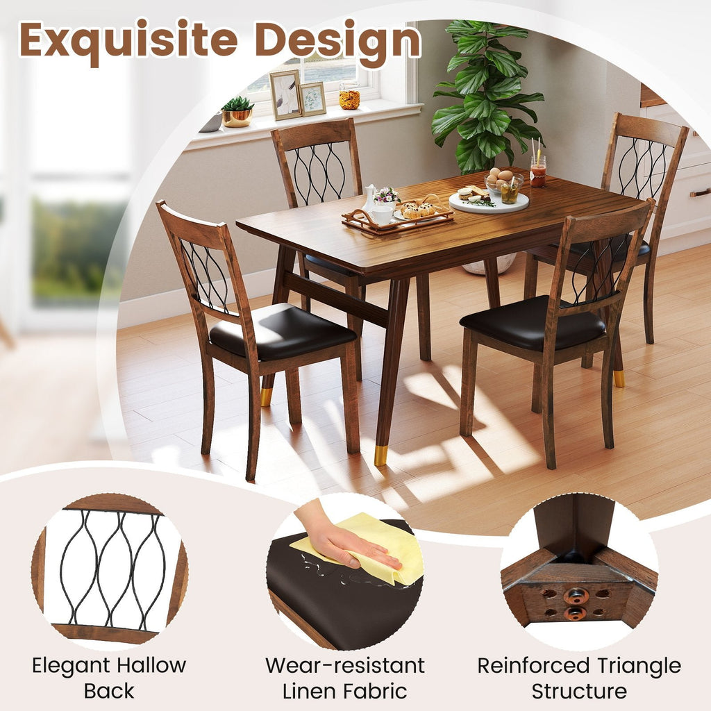 Set of 2 Dining Chairs with Wave Cut Out Back, Walnut Rubber Wood and Dark Brown Faux Leather Seat