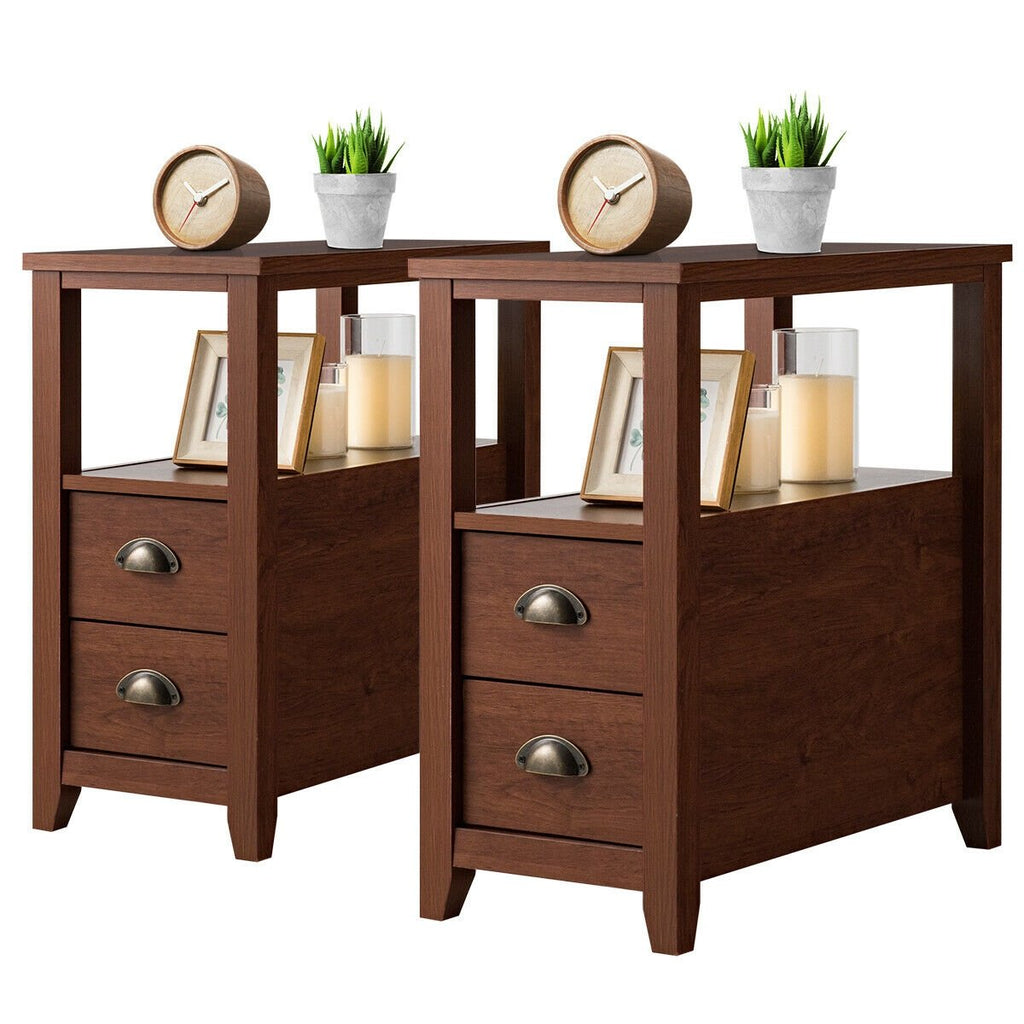 Set of 2 Narrow End Tables with 2 Drawers and Open Shelf, Brown