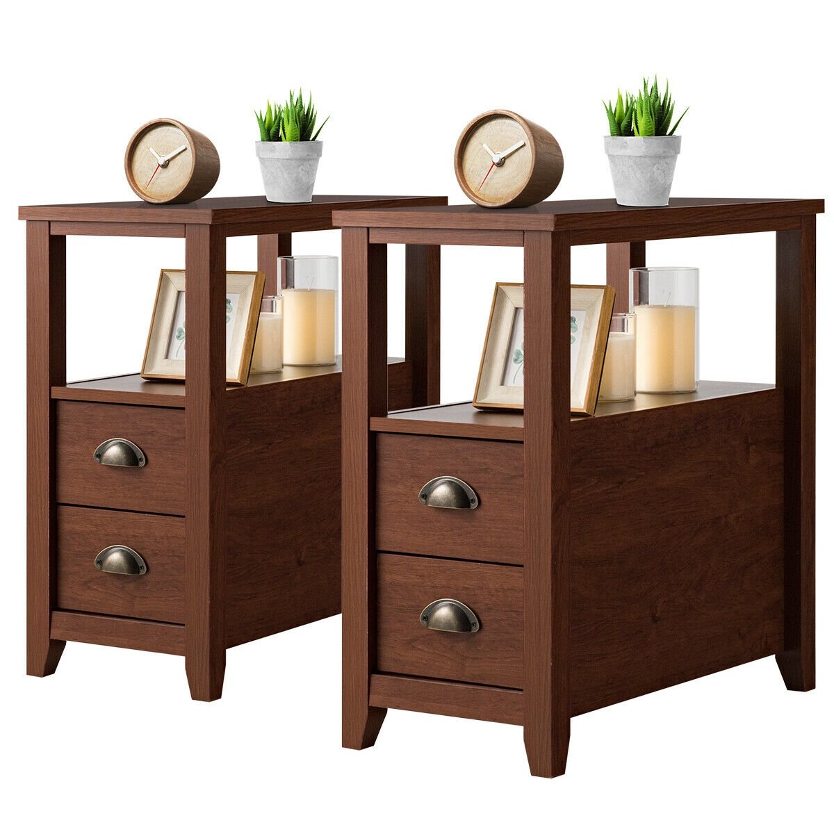 Set of 2 Narrow End Tables with 2 Drawers and Open Shelf, Brown
