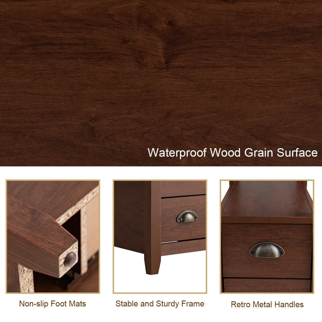 Set of 2 Narrow End Tables with 2 Drawers and Open Shelf, Brown