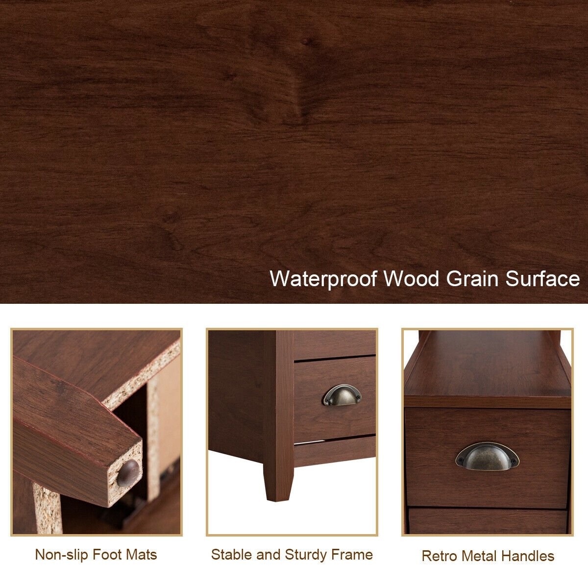 Set of 2 Narrow End Tables with 2 Drawers and Open Shelf, Brown