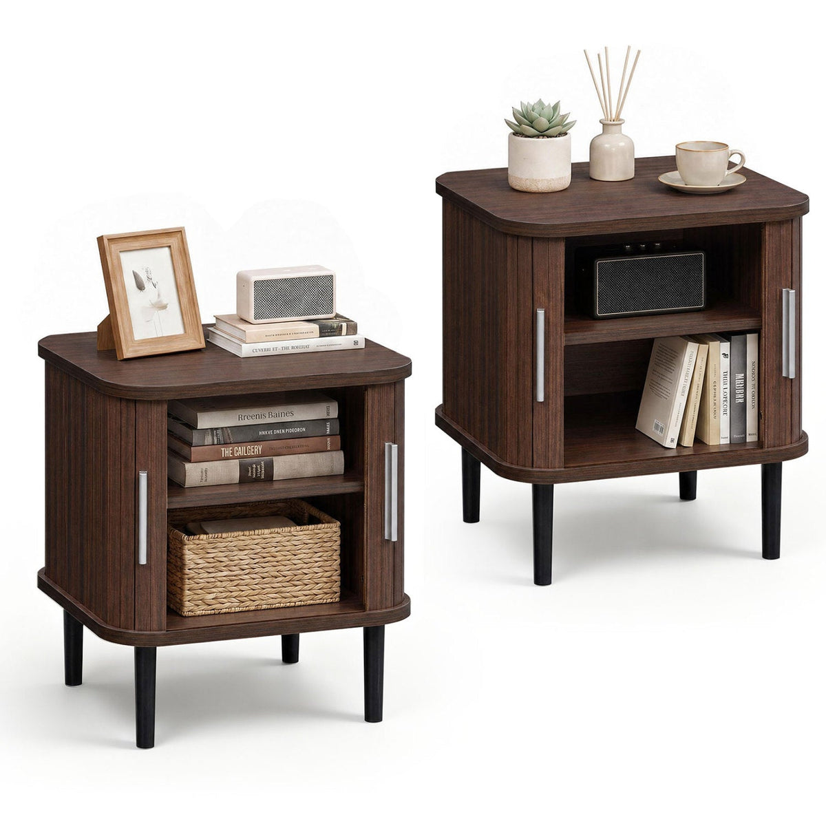 Set of 2 Fluted Nightstand with Sliding Doors and Adjustable Shelf for Small Spaces-Walnut
