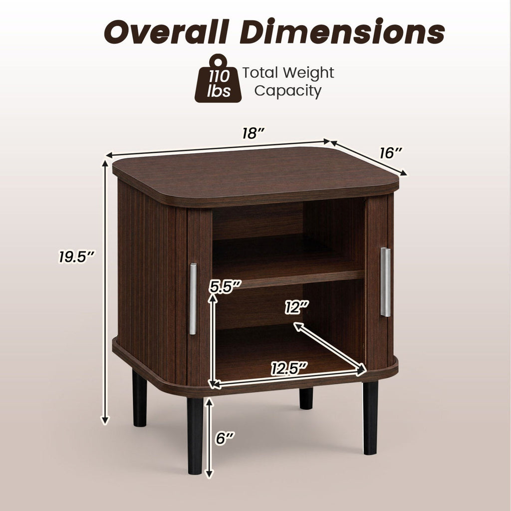 Set of 2 Fluted Nightstand with Sliding Doors and Adjustable Shelf for Small Spaces-Walnut