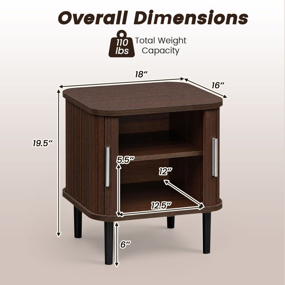Set of 2 Fluted Nightstand with Sliding Doors and Adjustable Shelf for Small Spaces-Walnut