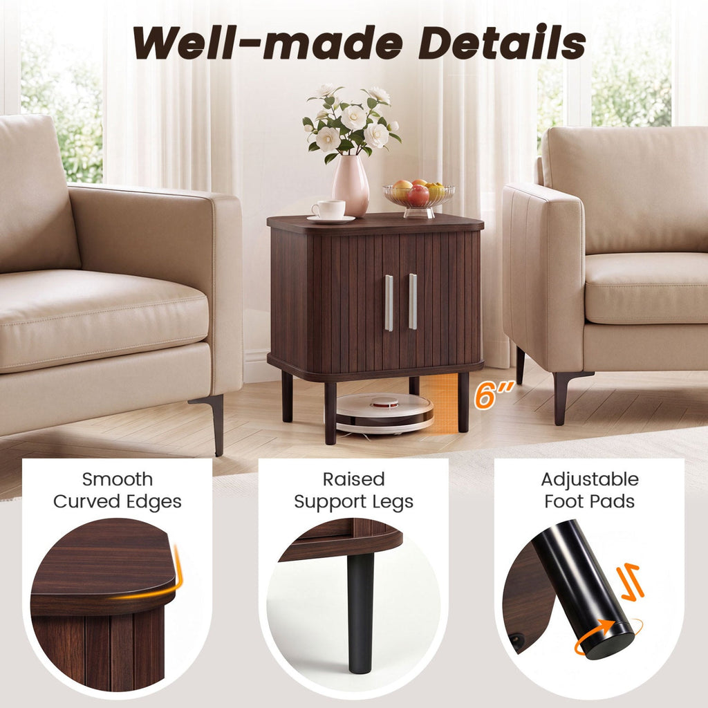 Set of 2 Fluted Nightstand with Sliding Doors and Adjustable Shelf for Small Spaces-Walnut