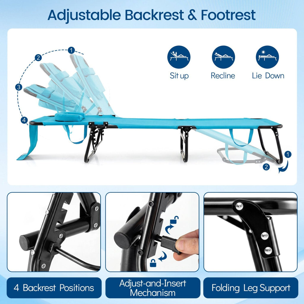 Set of 2 Folding Tanning Loungers with Face Holes and Flaps, Turquoise