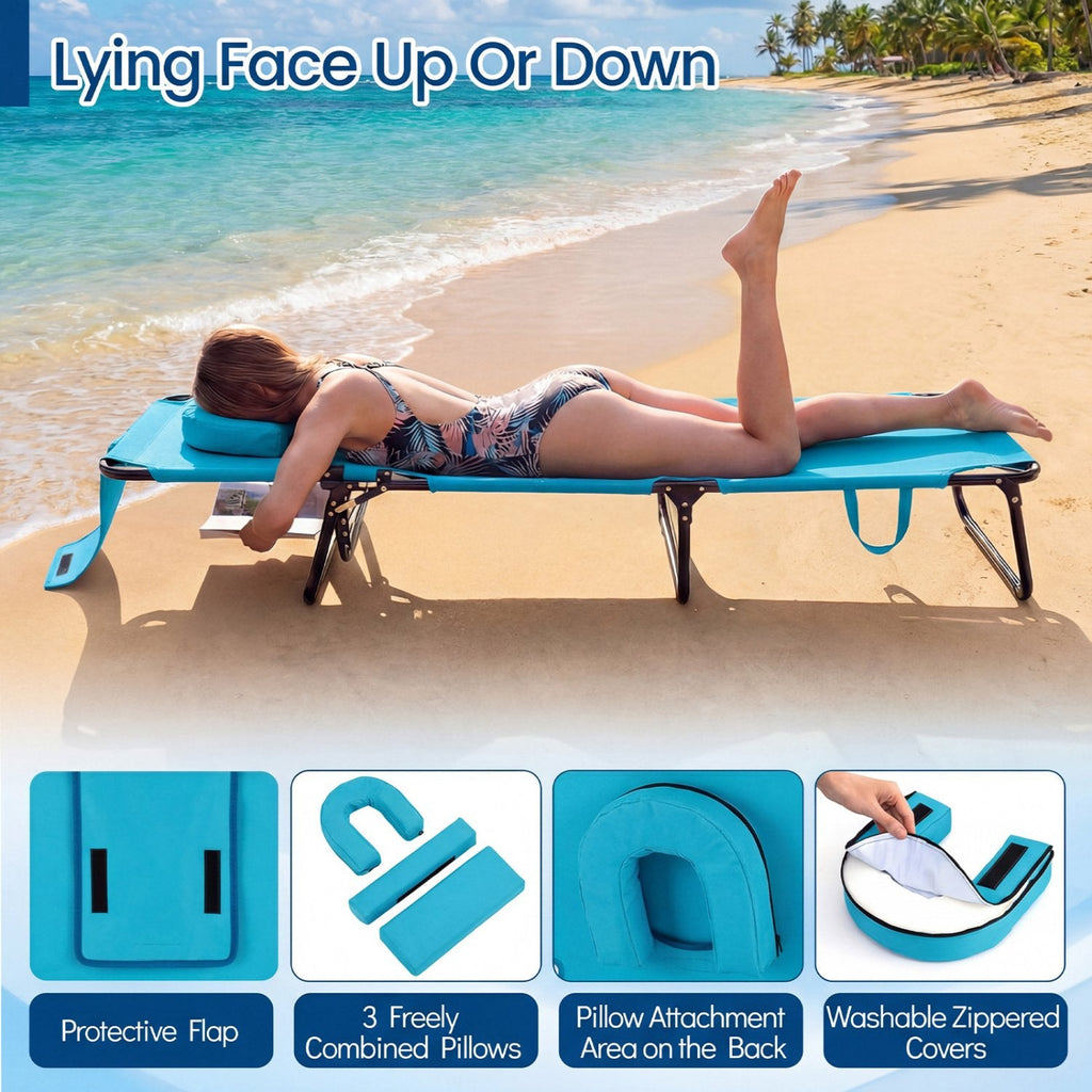 Set of 2 Folding Tanning Loungers with Face Holes and Flaps, Turquoise
