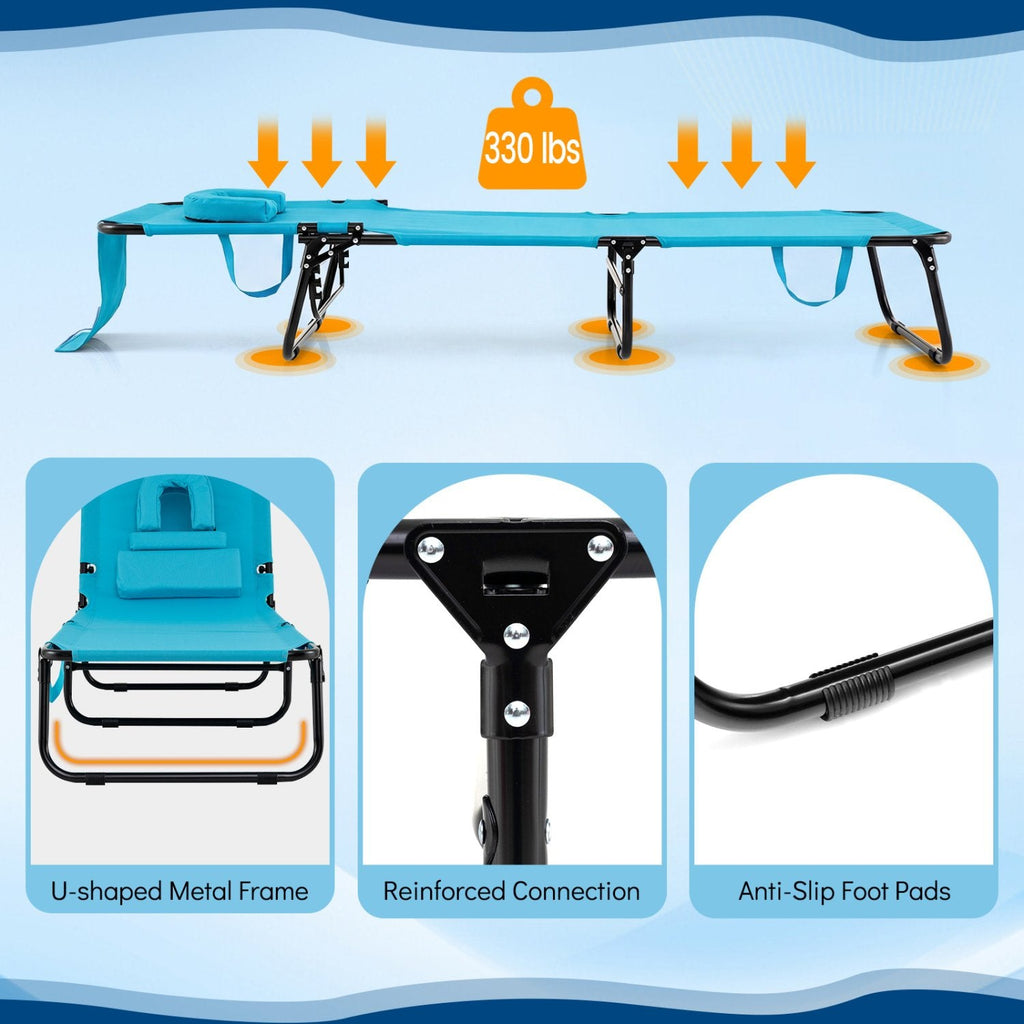 Set of 2 Folding Tanning Loungers with Face Holes and Flaps, Turquoise