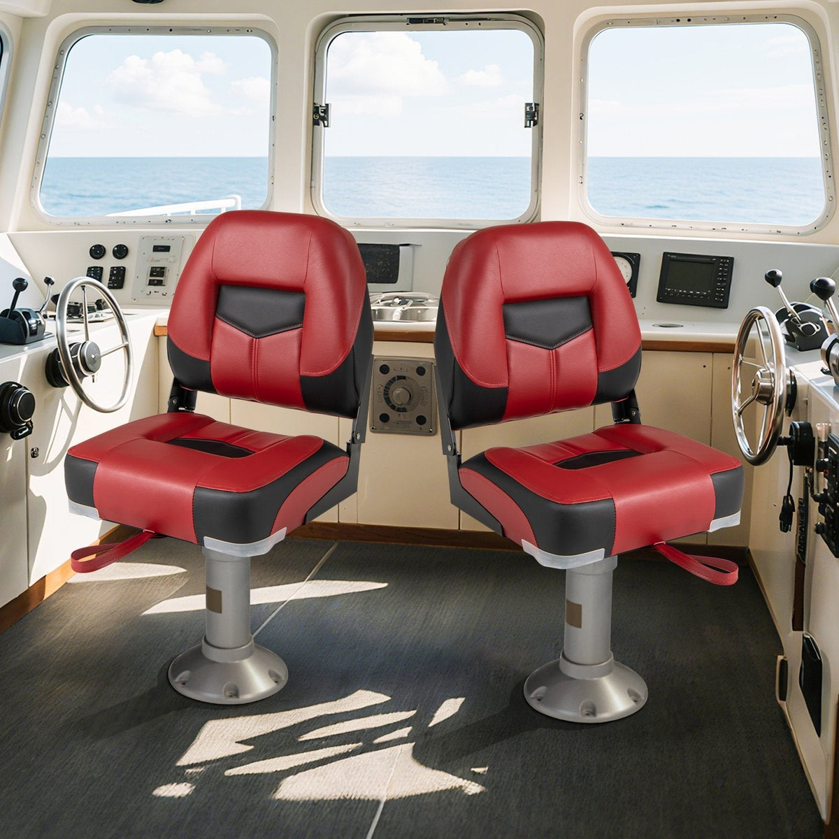 Set of 2 Folding Low Back Fishing Boat Seats with Stainless Steel Screws-Red