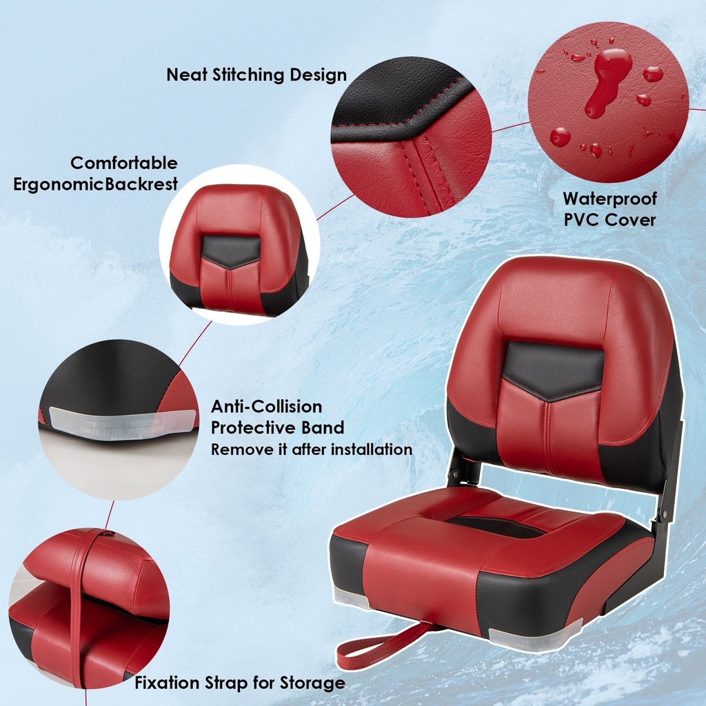 Set of 2 Folding Low Back Fishing Boat Seats with Stainless Steel Screws-Red