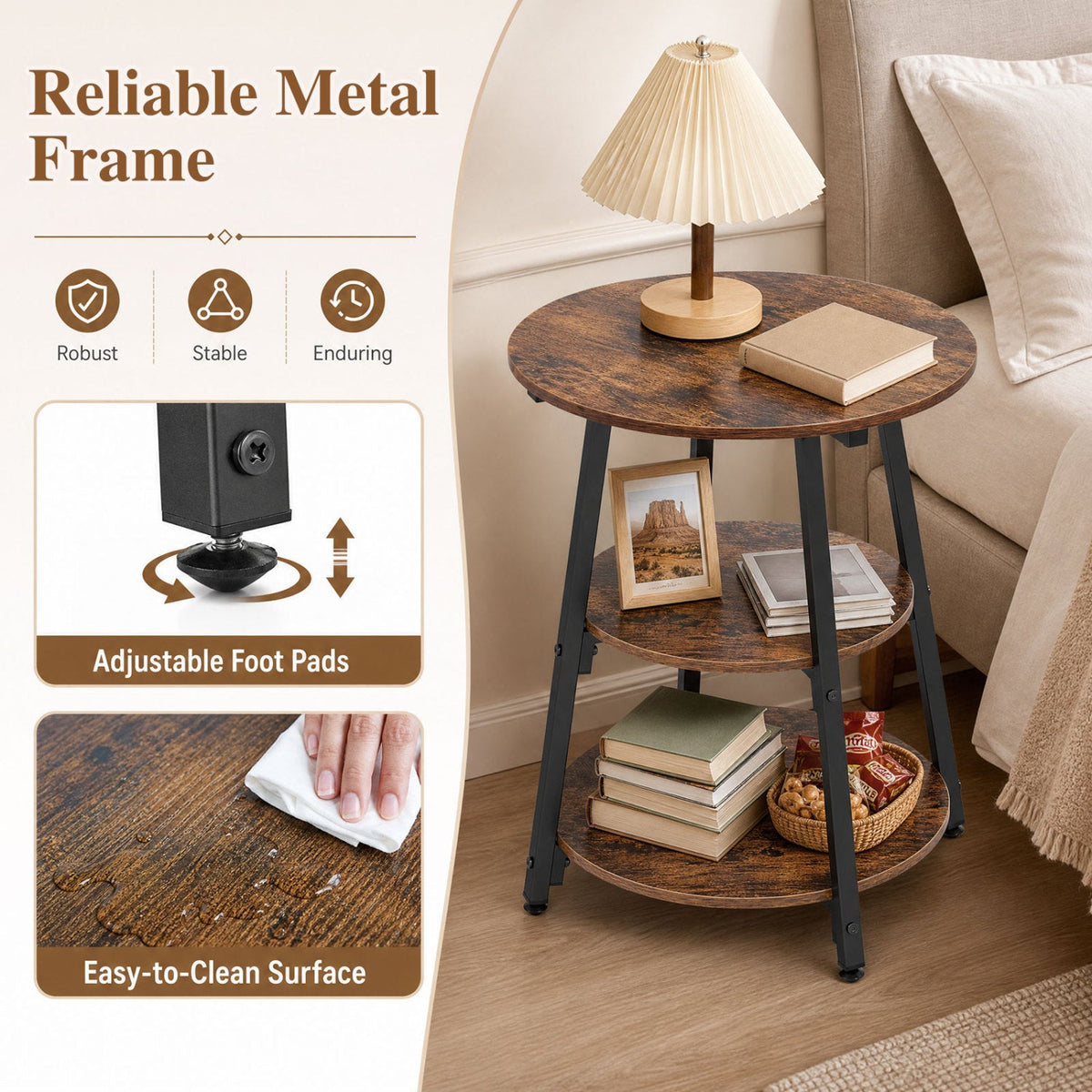 Set of 2 Industrial Side Tables with 3-Tier Shelves & Metal Frame for Small Space-Rustic Brown
