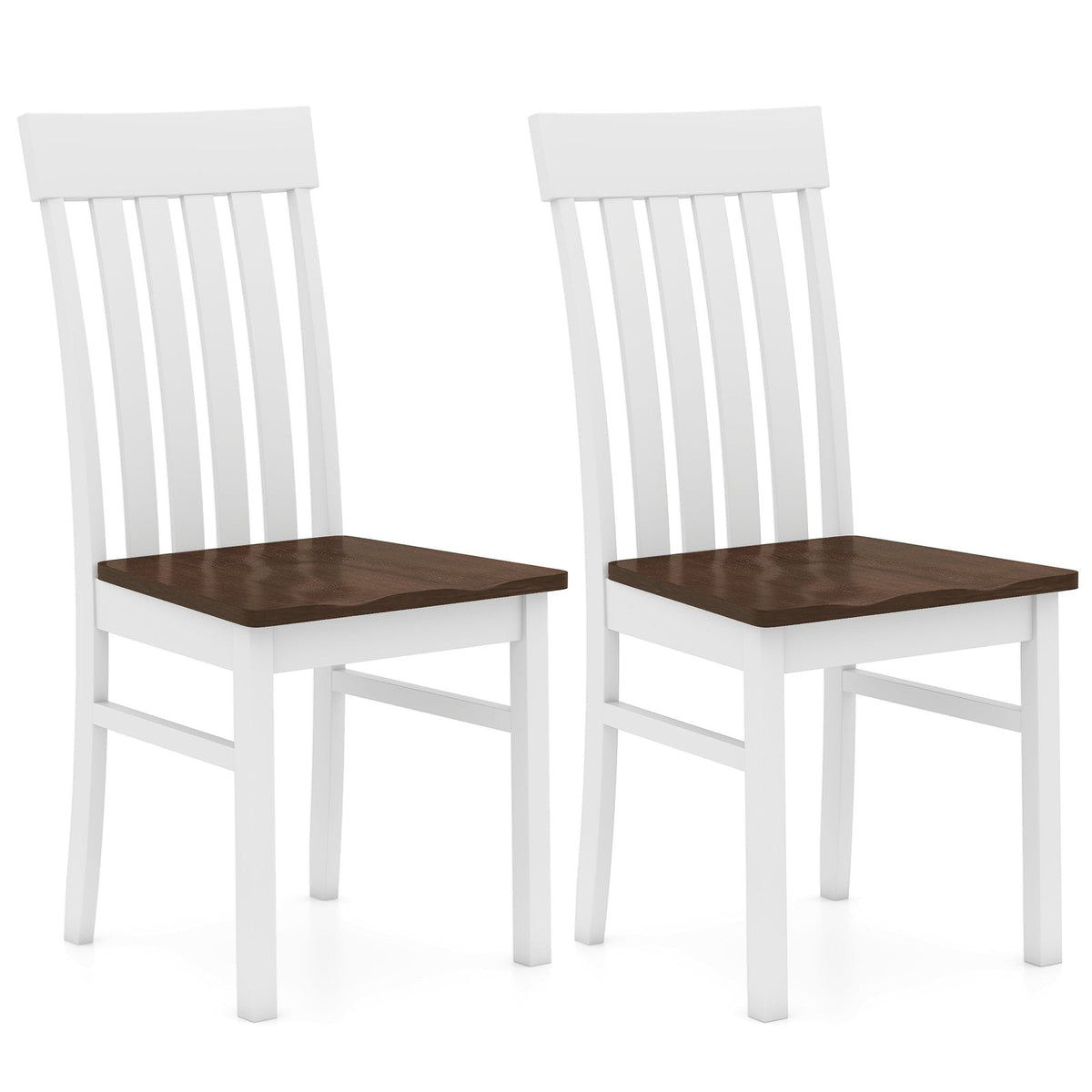 Set of 2 Slat Back Dining Chairs, White Rubber Wood Frame with Walnut Contoured Wooden Seat