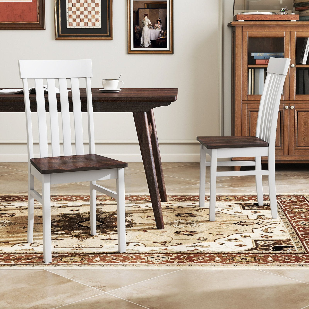 Set of 2 Slat Back Dining Chairs, White Rubber Wood Frame with Walnut Contoured Wooden Seat