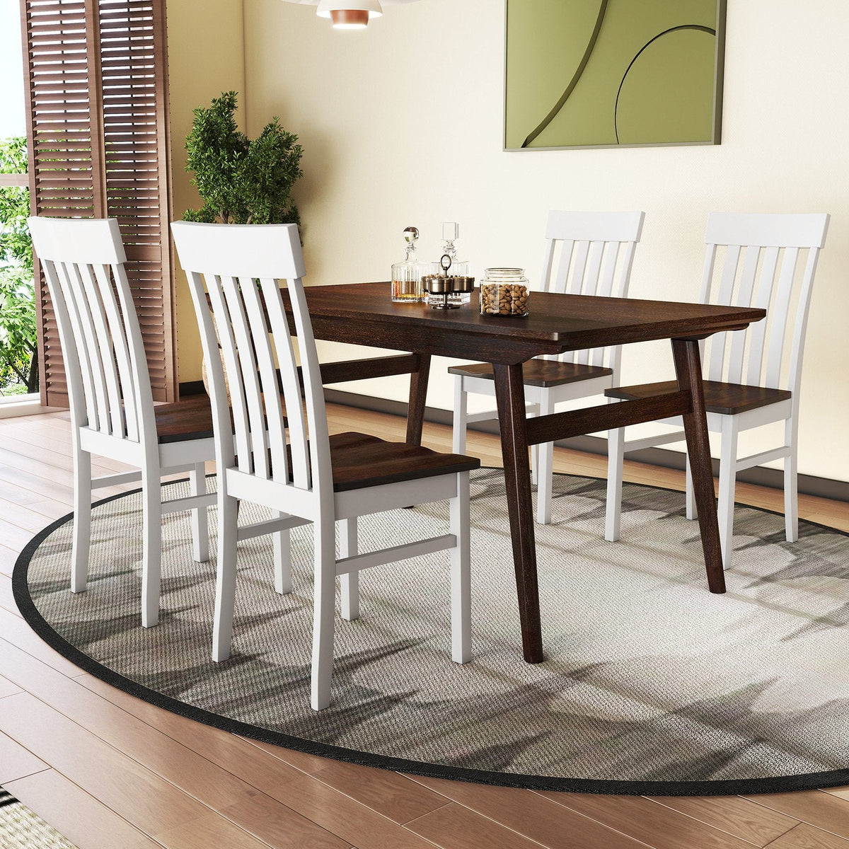 Set of 2 Slat Back Dining Chairs, White Rubber Wood Frame with Walnut Contoured Wooden Seat