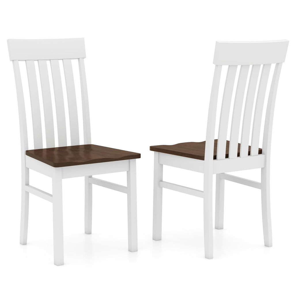 Set of 2 Slat Back Dining Chairs, White Rubber Wood Frame with Walnut Contoured Wooden Seat