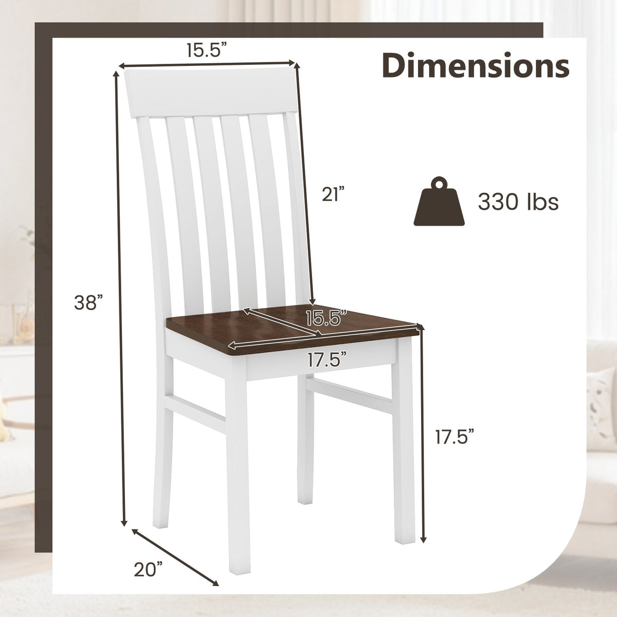 Set of 2 Slat Back Dining Chairs, White Rubber Wood Frame with Walnut Contoured Wooden Seat