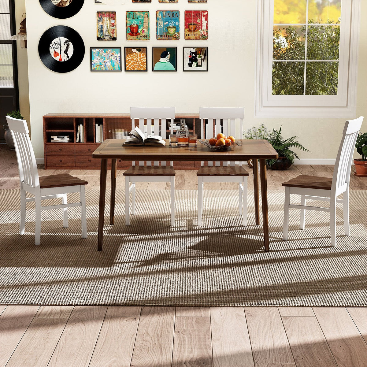 Set of 2 Slat Back Dining Chairs, White Rubber Wood Frame with Walnut Contoured Wooden Seat