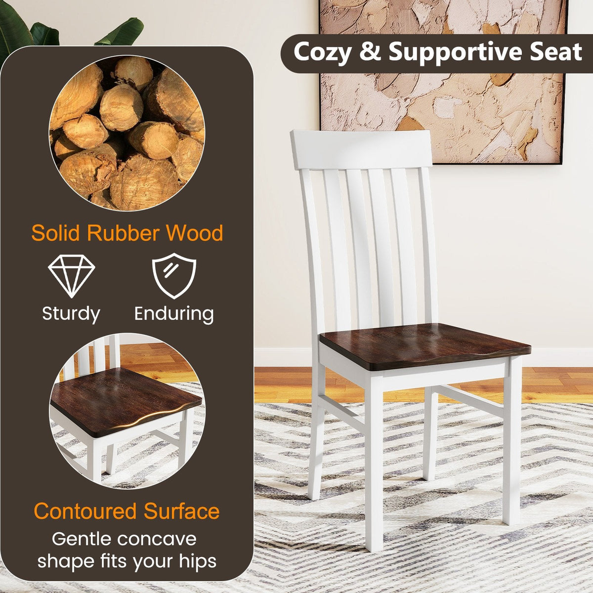 Set of 2 Slat Back Dining Chairs, White Rubber Wood Frame with Walnut Contoured Wooden Seat