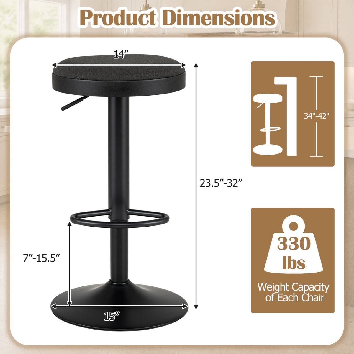 Set of 2 Backless Gas Lift Bar Stools in Black Fabric with D Shaped Footrest, 23.5 to 32 Inch