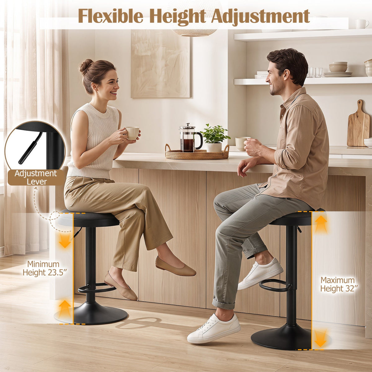 Set of 2 Backless Gas Lift Bar Stools in Black Fabric with D Shaped Footrest, 23.5 to 32 Inch