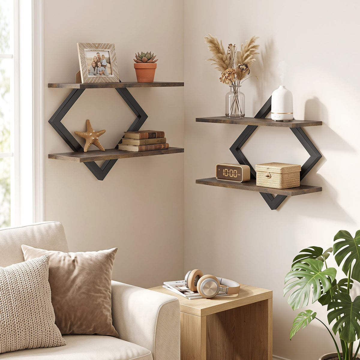 Set of 2 Metal Floating Shelves for Wall with Geometric Frame-Rustic Brown