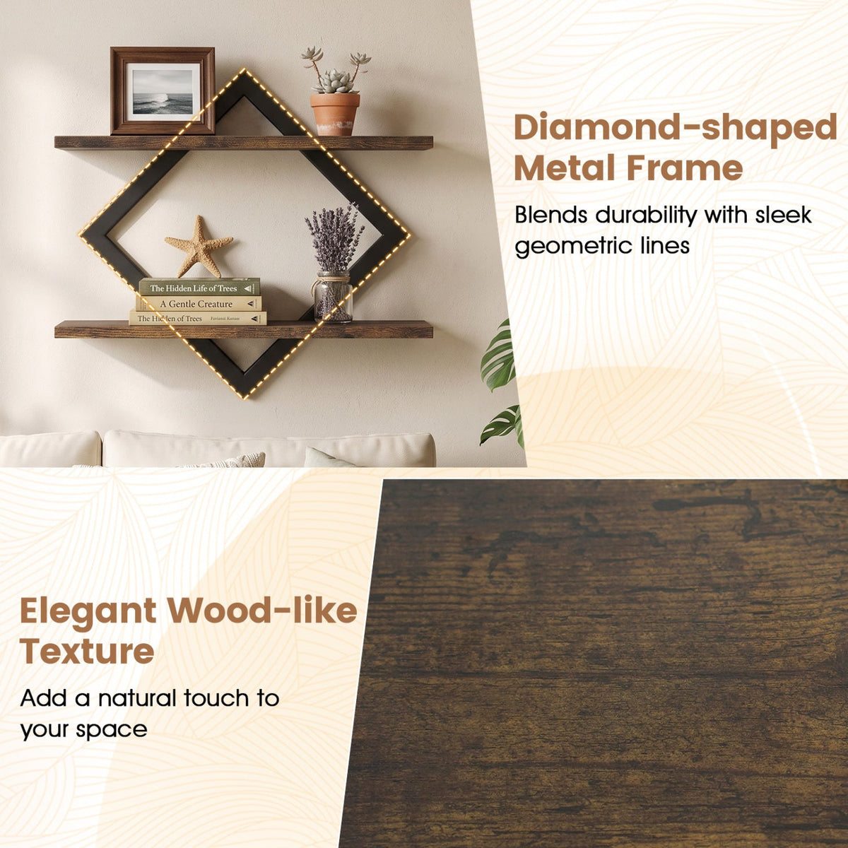 Set of 2 Metal Floating Shelves for Wall with Geometric Frame-Rustic Brown
