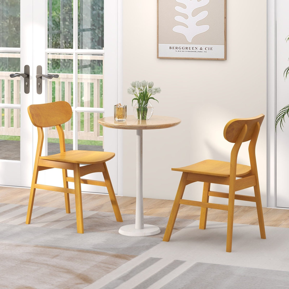 Set of 2 Modern Dining Chairs with Curved Solid Wood Backrest and Seat, Natural Rubber Wood