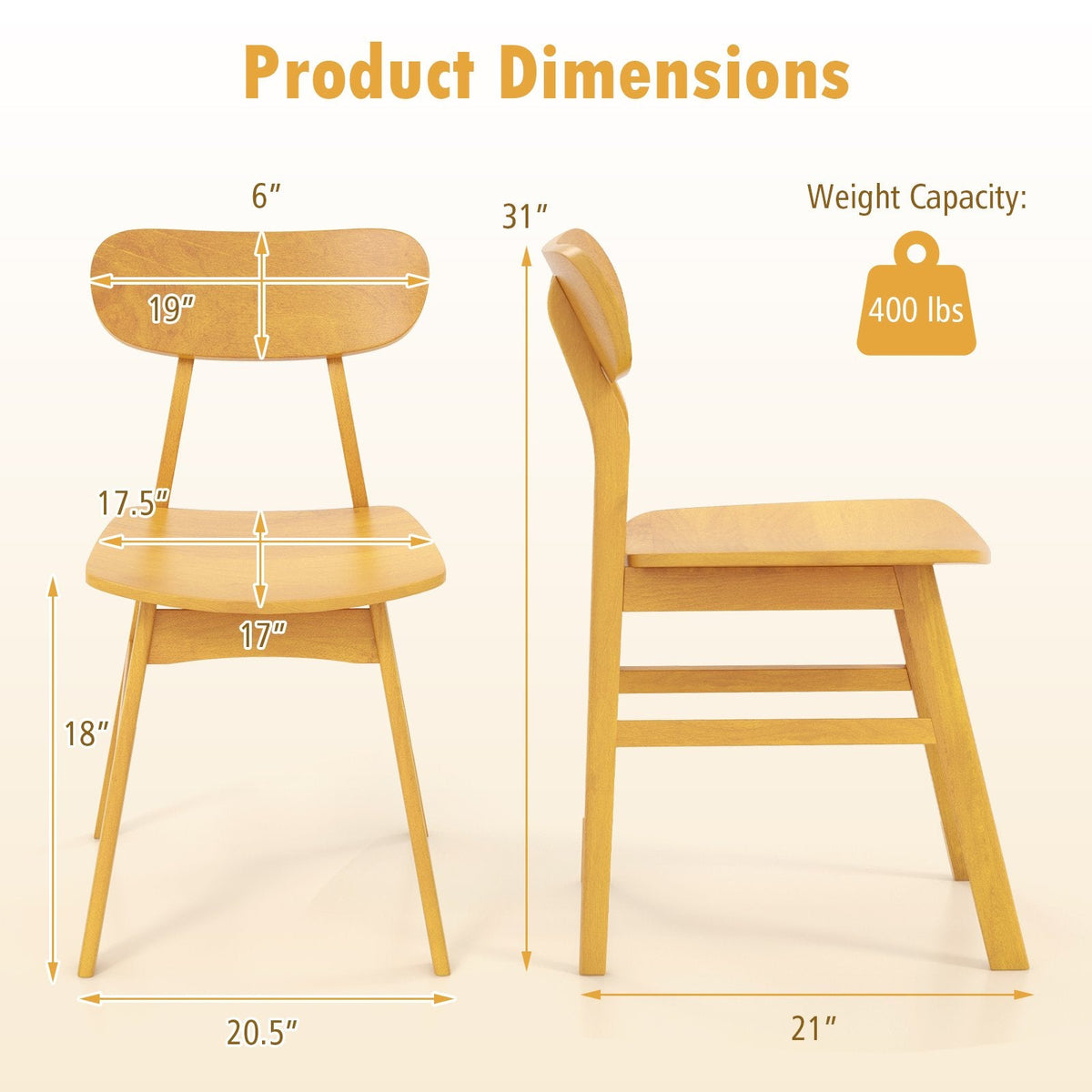 Set of 2 Modern Dining Chairs with Curved Solid Wood Backrest and Seat, Natural Rubber Wood