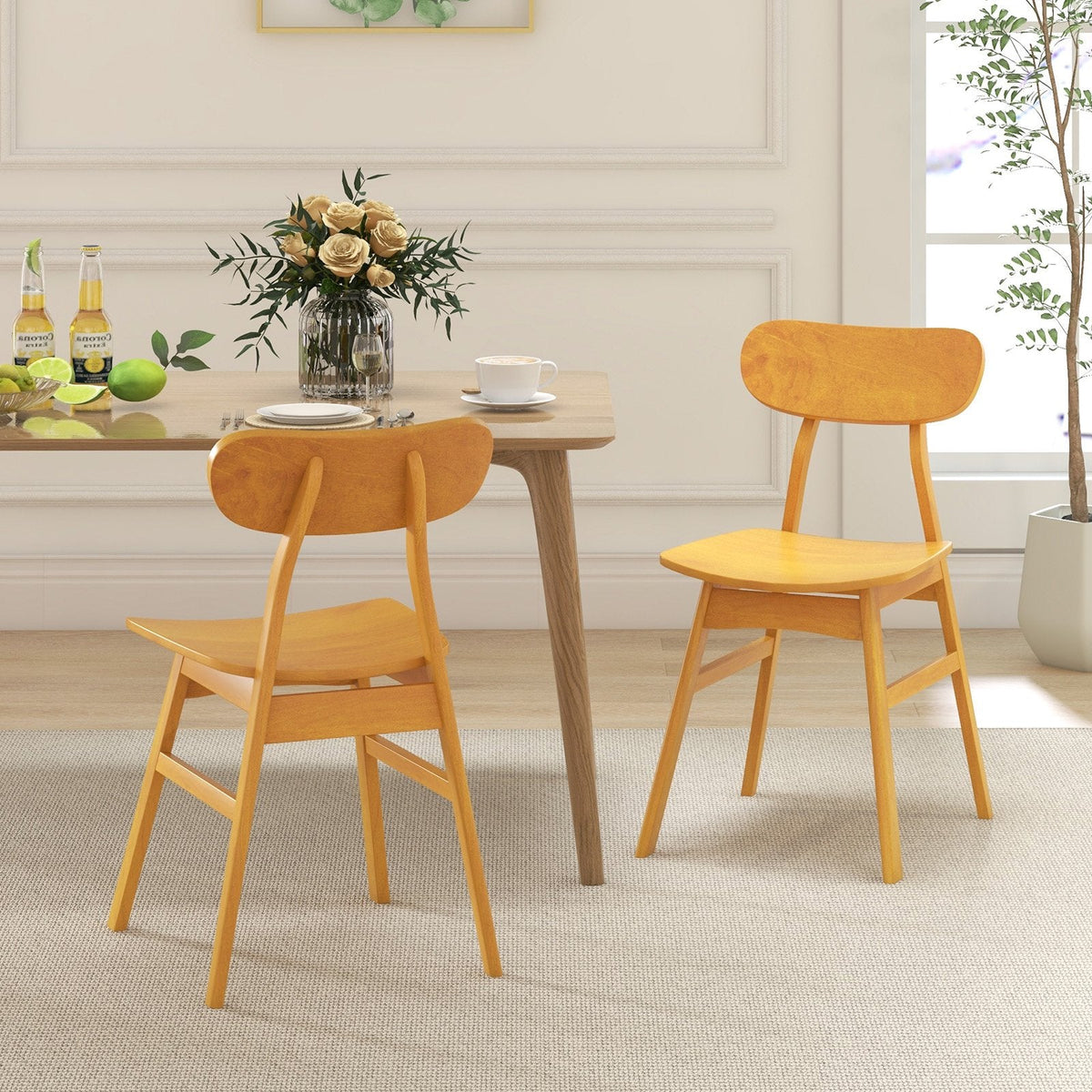 Set of 2 Modern Dining Chairs with Curved Solid Wood Backrest and Seat, Natural Rubber Wood