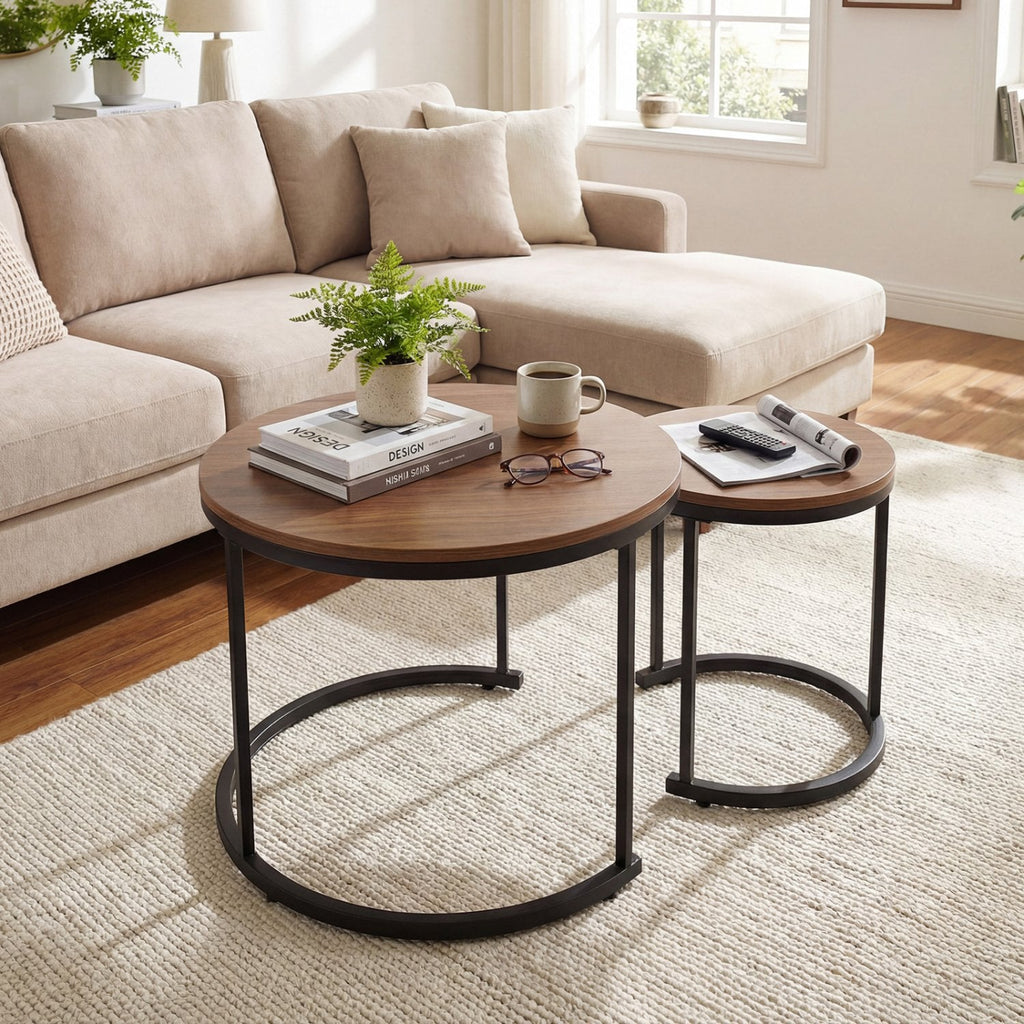 Set of 2 Round Nesting Coffee Tables, Light Brown Stacking Side Tables with Steel Frames