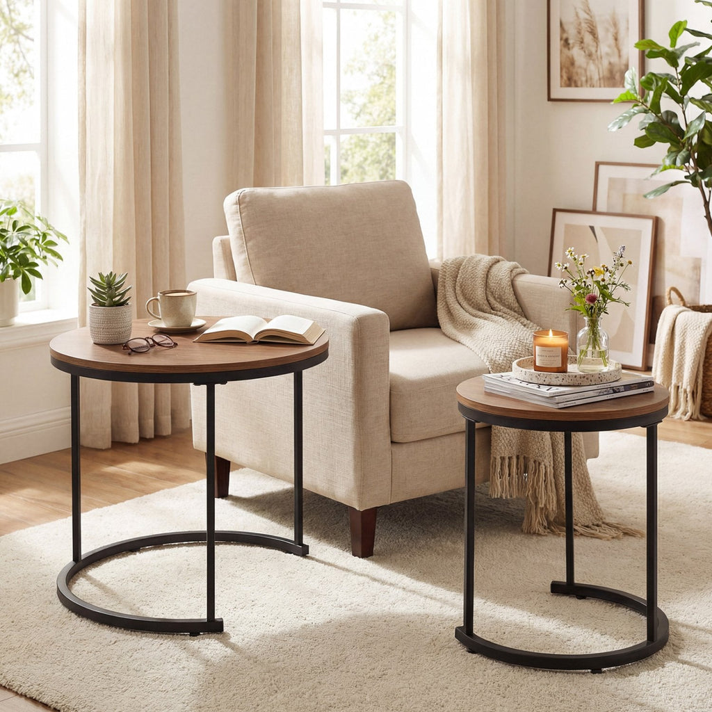 Set of 2 Round Nesting Coffee Tables, Light Brown Stacking Side Tables with Steel Frames
