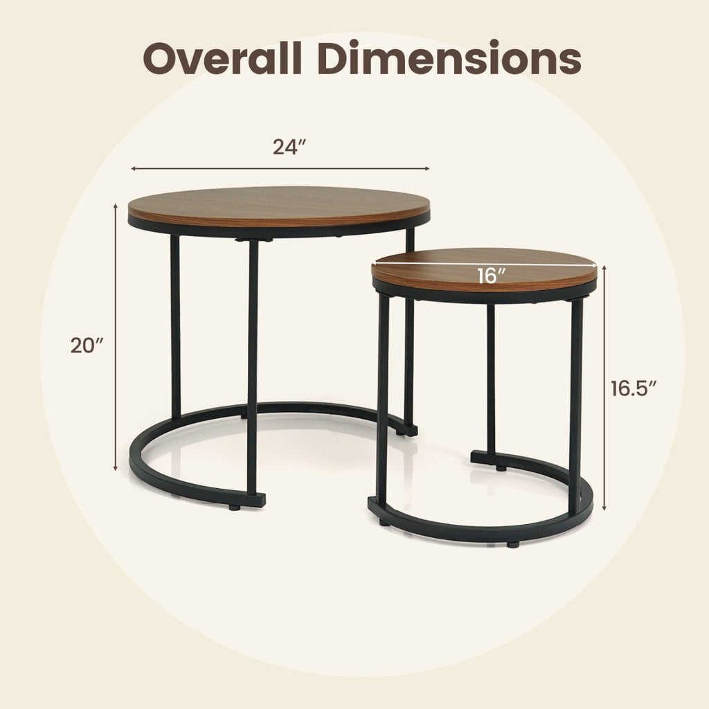 Set of 2 Round Nesting Coffee Tables, Light Brown Stacking Side Tables with Steel Frames