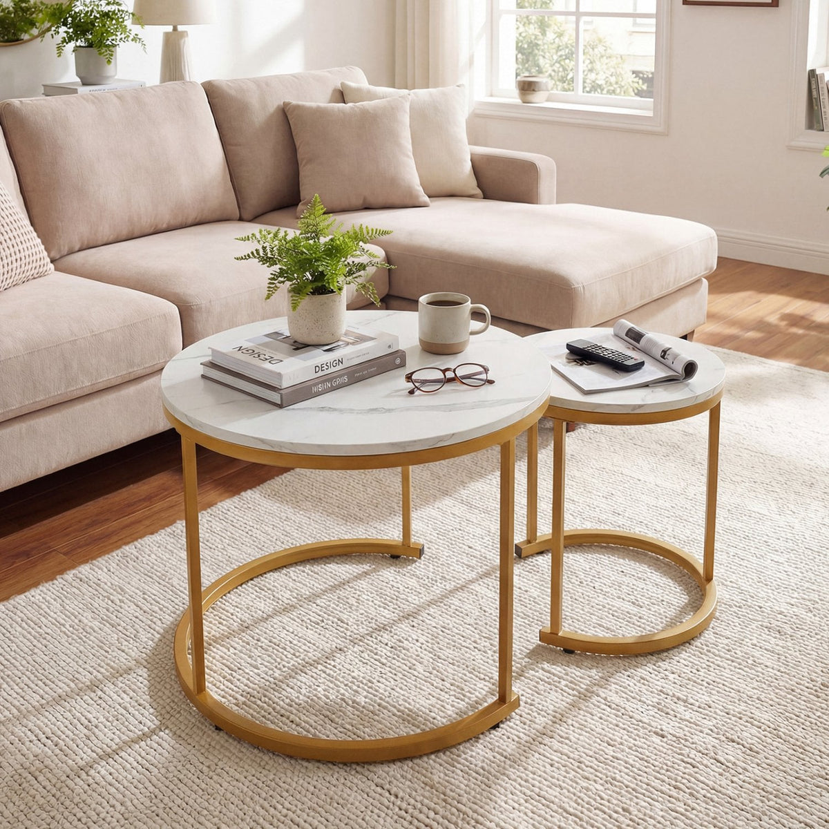 Set of 2 Round Stacking Nesting Coffee Tables with Steel Frames, Golden