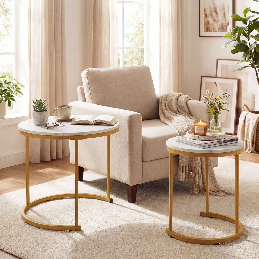Set of 2 Round Stacking Nesting Coffee Tables with Steel Frames, Golden