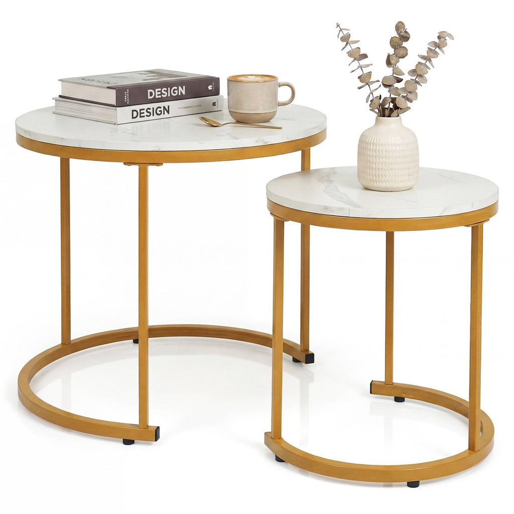 Set of 2 Round Stacking Nesting Coffee Tables with Steel Frames, Golden