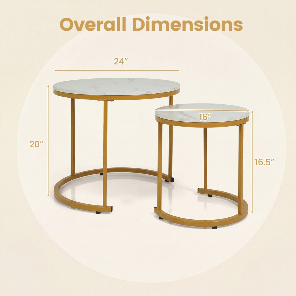 Set of 2 Round Stacking Nesting Coffee Tables with Steel Frames, Golden