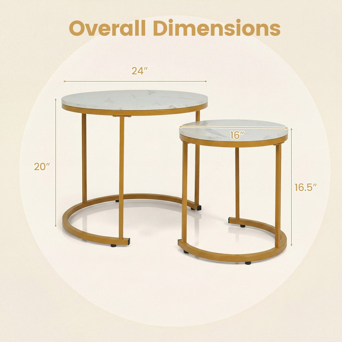 Set of 2 Round Stacking Nesting Coffee Tables with Steel Frames, Golden