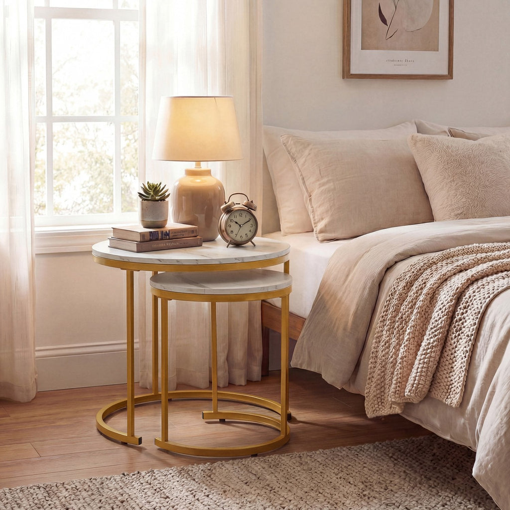 Set of 2 Round Stacking Nesting Coffee Tables with Steel Frames, Golden