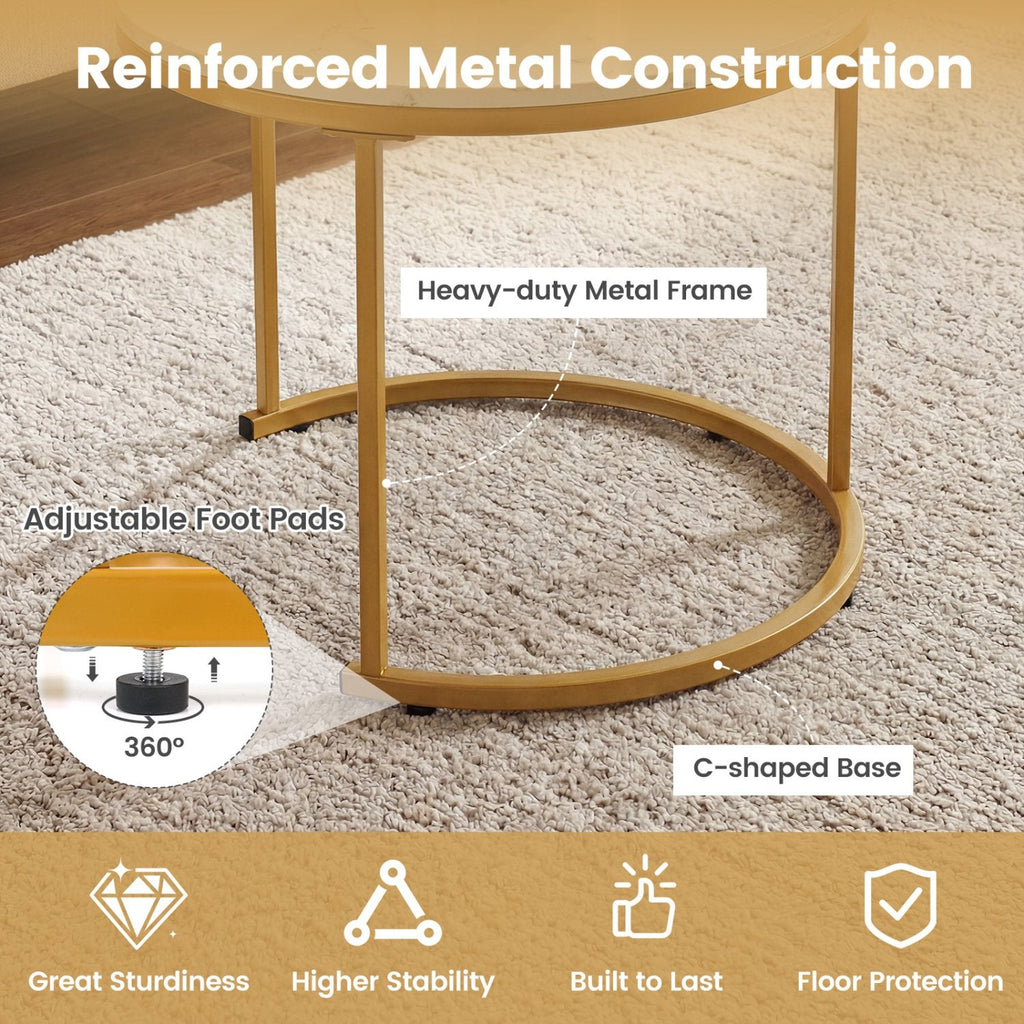 Set of 2 Round Stacking Nesting Coffee Tables with Steel Frames, Golden