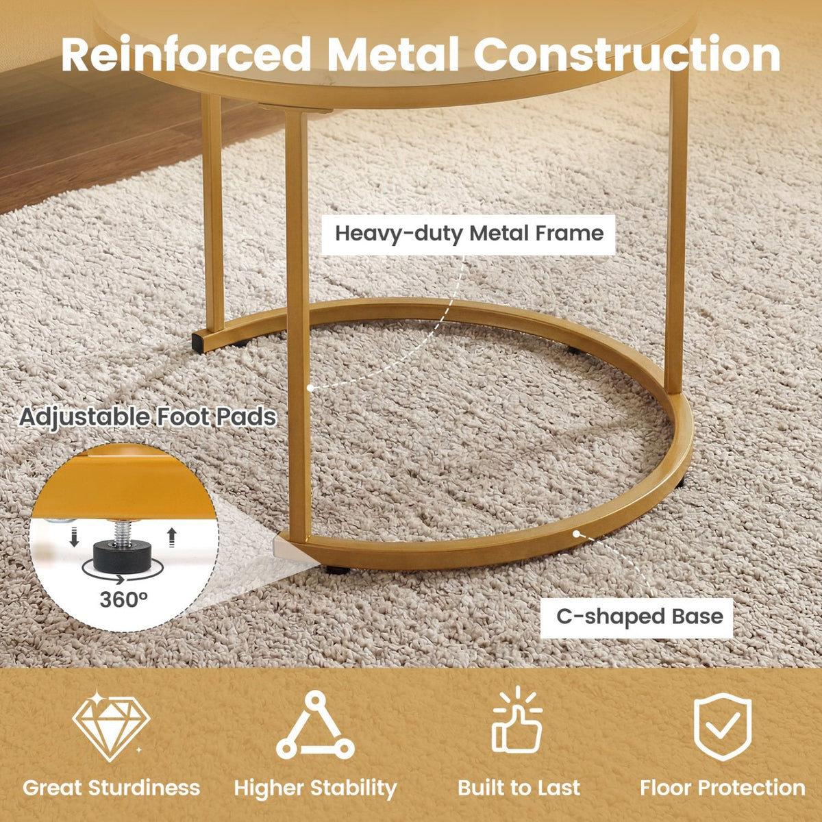 Set of 2 Round Stacking Nesting Coffee Tables with Steel Frames, Golden