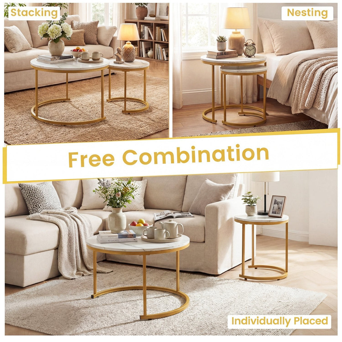 Set of 2 Round Stacking Nesting Coffee Tables with Steel Frames, Golden