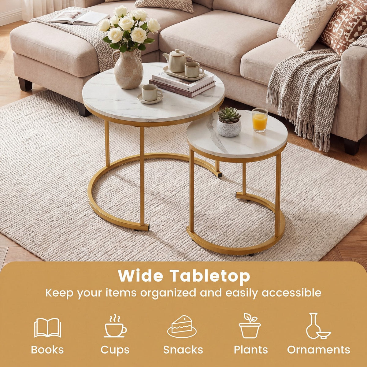 Set of 2 Round Stacking Nesting Coffee Tables with Steel Frames, Golden