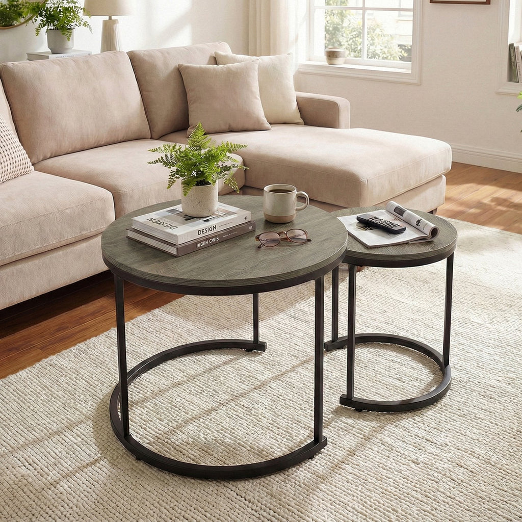 Set of 2 Modern Round Stacking Nesting Coffee Tables-Oak