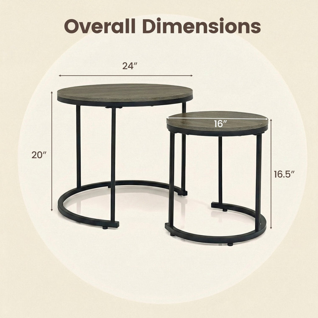 Set of 2 Modern Round Stacking Nesting Coffee Tables-Oak