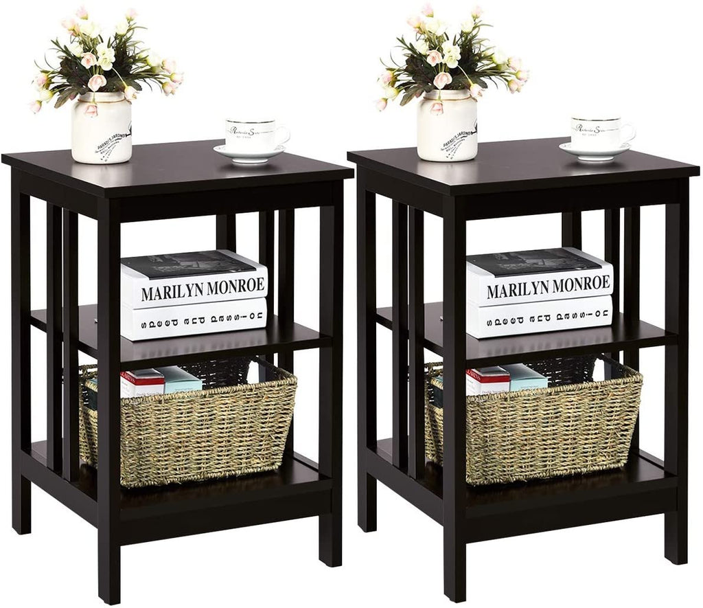Set of 2 3 Tier Nightstands with Reinforced Side Bars, Dark Brown